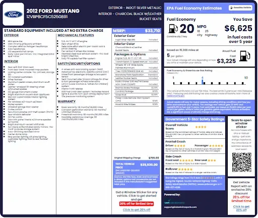 Ford window sticker showing original MSRP, options, trim, and factory equipment