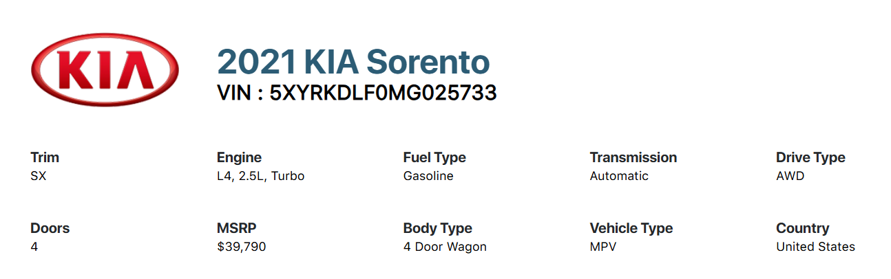 Sample vin decoder information for 2021 KIA Sorento