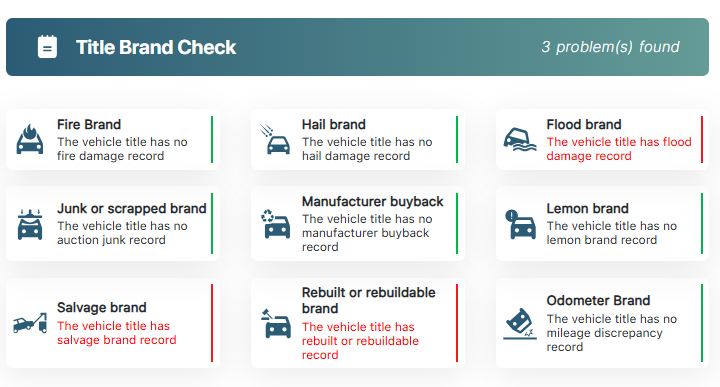 Vehicle history report title brand check showing flood, salvage, rebuilt, and other title records