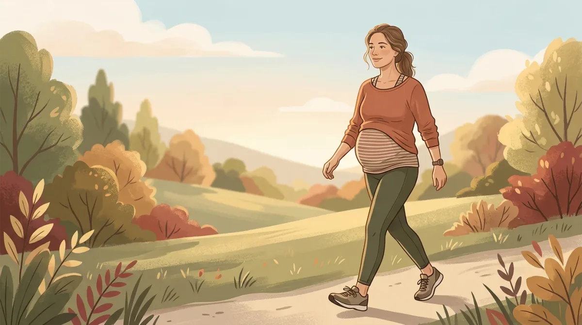 A visibly pregnant woman on a gentle brisk walk outdoors in soft natural light.