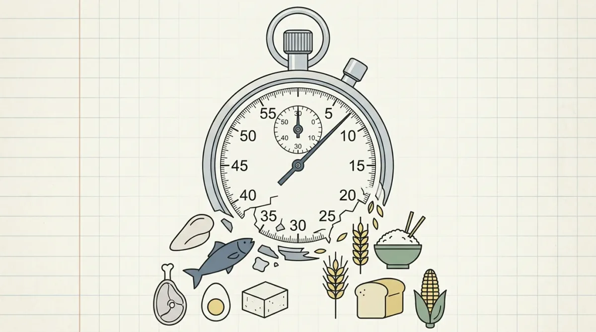 A stopwatch face dissolving into simple line-art food icons (a protein source, grains), muted lab-notebook color palette, no people, no gym setting, no befor.