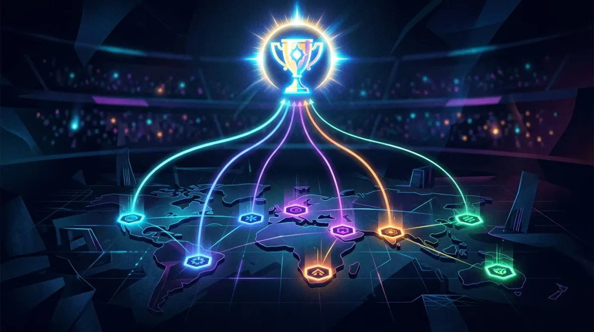 A glowing regional map of six esports circuits, each node feeding a rising stat line that converges on a single Major trophy icon, rendered in a moody dark-arena.