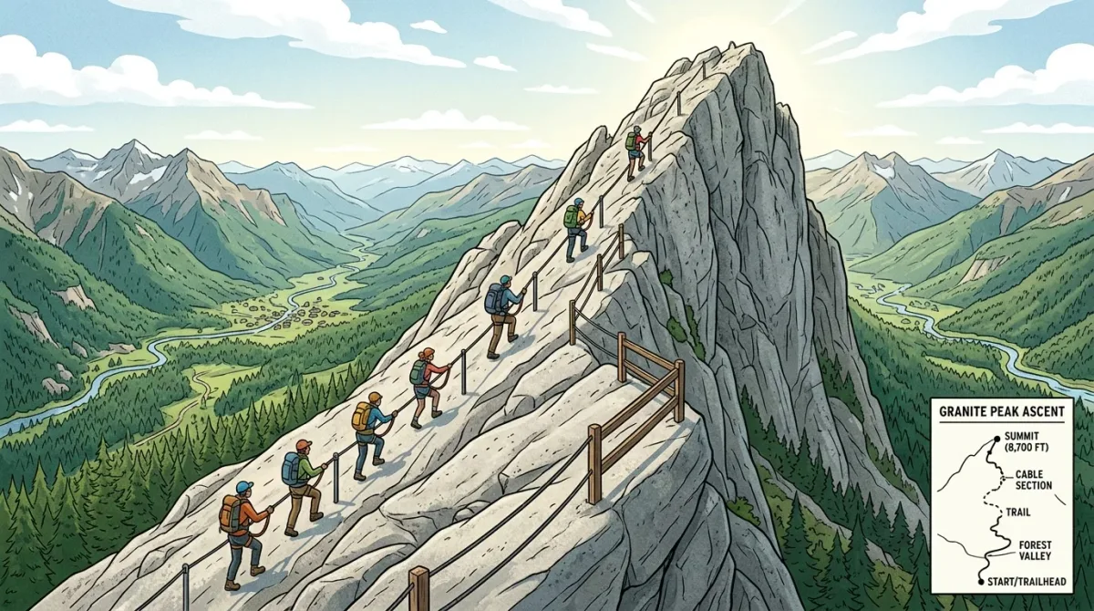Hikers ascending the steel cables on Half Dome's granite summit pitch above Yosemite Valley.