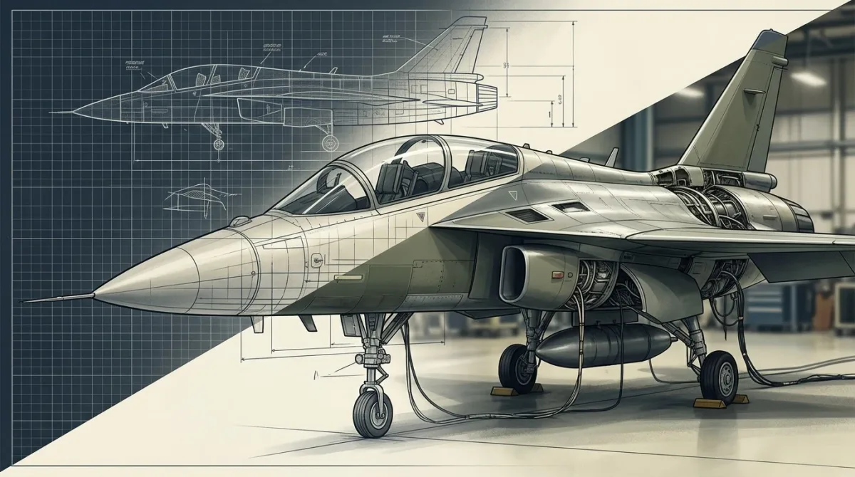 A T-7A Red Hawk trainer jet rendered as a technical blueprint/production-line diagram, half photographic and half schematic, evoking the shift from prototype dra.