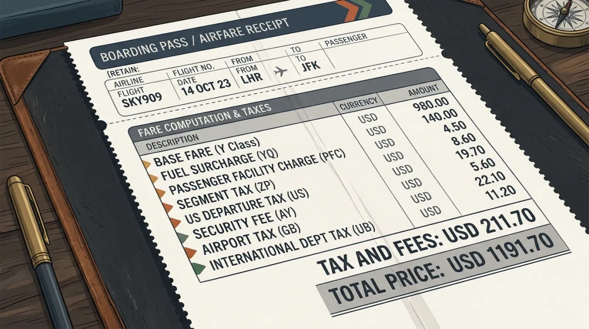 A boarding-pass-style airfare receipt where the total-price line and the tax/fee line sit in matching type size, evoking the regulatory debate over fare-ad promi.