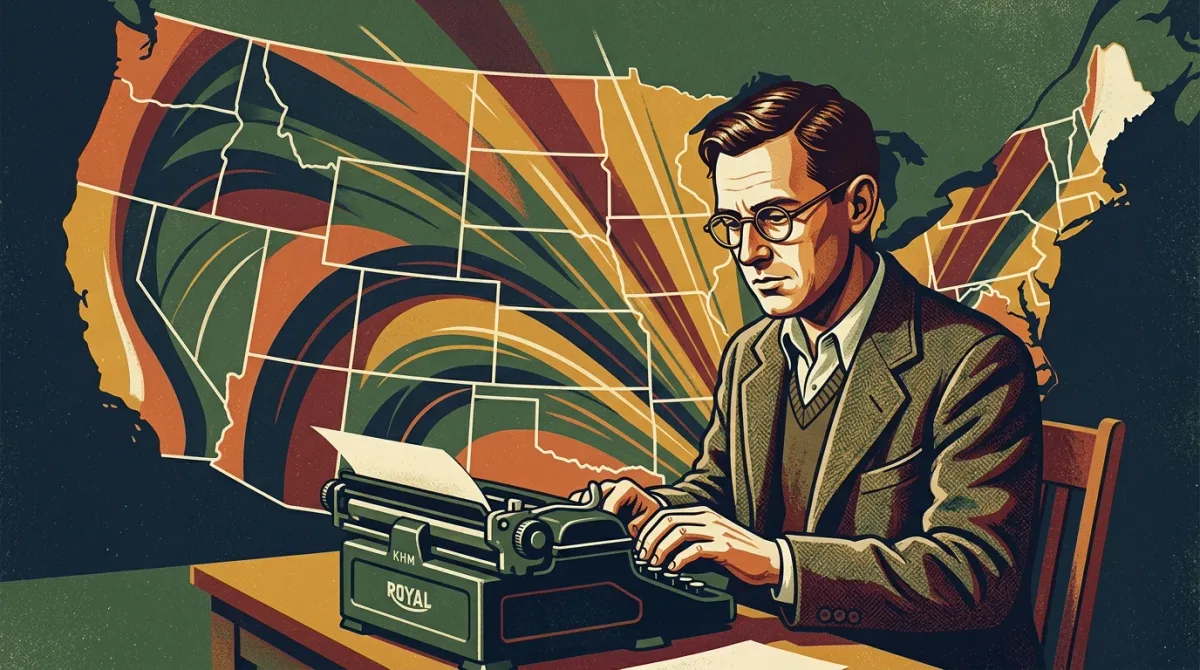 A 1930s WPA-era writer at a typewriter with a fanned map of the United States behind them.