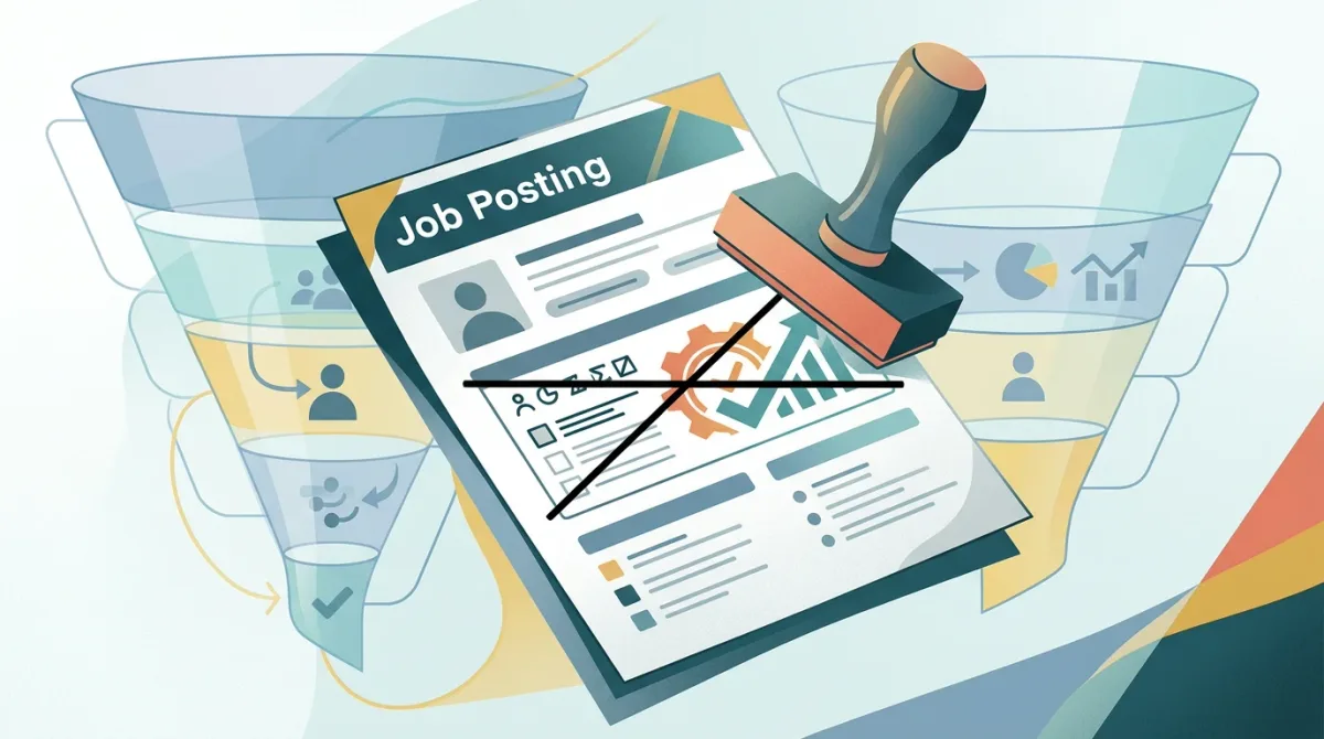 A job-posting document with 'degree required' being crossed out and restamped, set against a mostly-unchanged hiring funnel behind it — visualizing the ga.