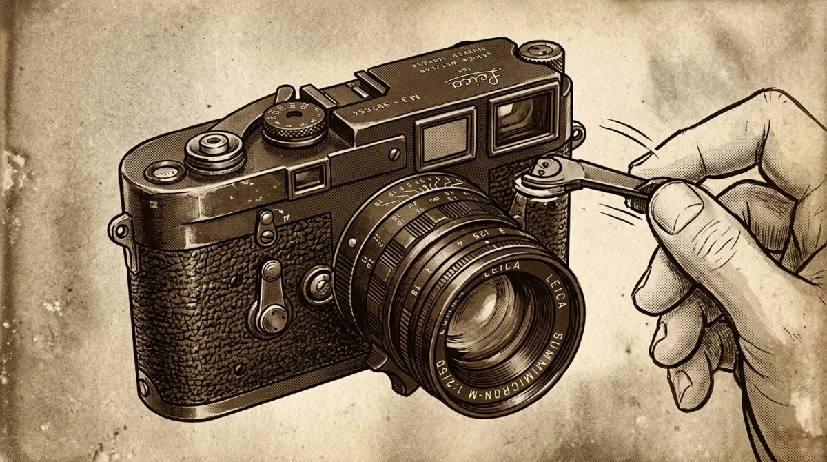 The Pentax 17's body with its manual winding lever mid-stroke, set against a warm gelatin-silver-print background that echoes the site's signature tone.