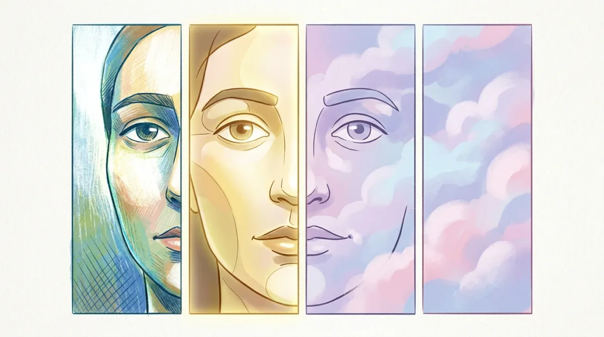 A face split into four vertical panels like a calendar strip — one lit and textured (exfoliation), one glowing faintly gold (retinoid), two soft and cloud-pillowed (recove.