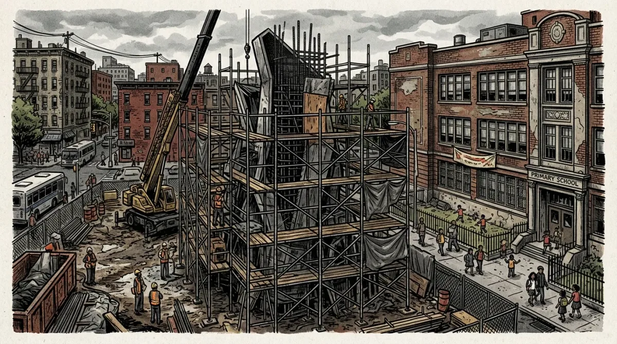 A city construction site where a half-finished public sculpture stands wrapped in scaffolding beside a New York school or rec-center facade, rendered in the same gritty, h.