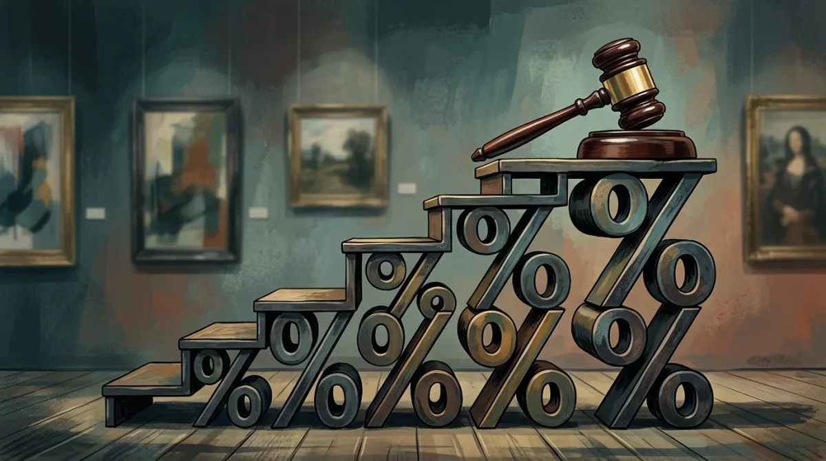 An auction gavel resting atop a rising staircase built from percentage signs, set against a muted gallery-wall backdrop, evoking the steadily climbing buyer's premium.