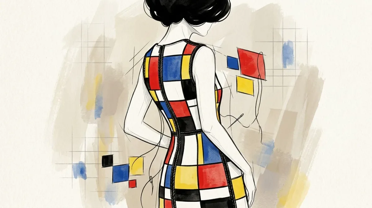 A wool shift dress pieced together mid-air like a Mondrian canvas, with black grid lines becoming visible across the fabric.