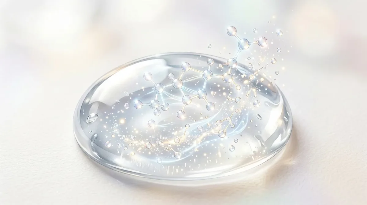 Azelaic acid's molecular structure dissolving into a translucent skincare gel droplet, rendered in Beauty Ring's soft studio-lit, ingredient-forward visu.