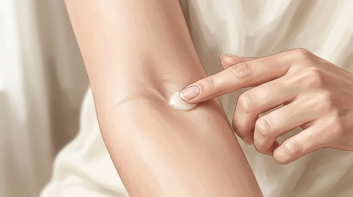 A fingertip applying a small dab of product to the inner-elbow crease, rendered in Beautyise's clean, instructional, beginner-friendly visual style.