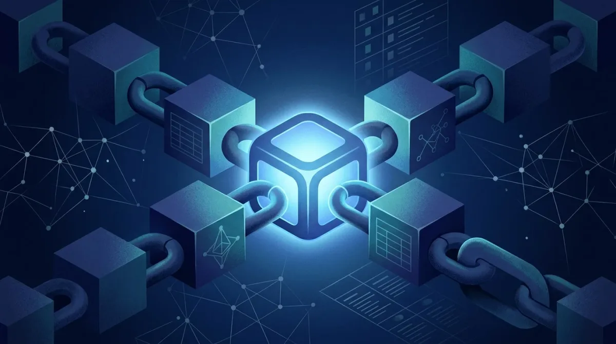A glowing validator node anchored within a chain of linked blocks.