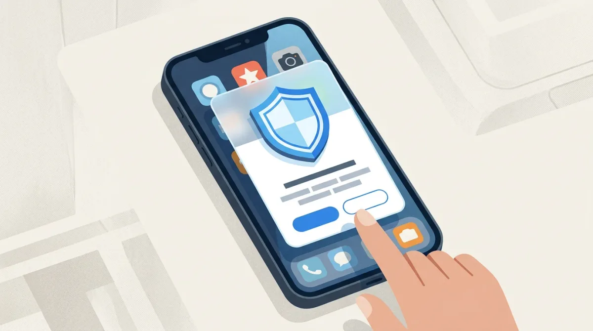 A smartphone displaying a privacy permission dialog with a shield icon, rendered in the site's crisp, service-journalism tech-explainer style.
