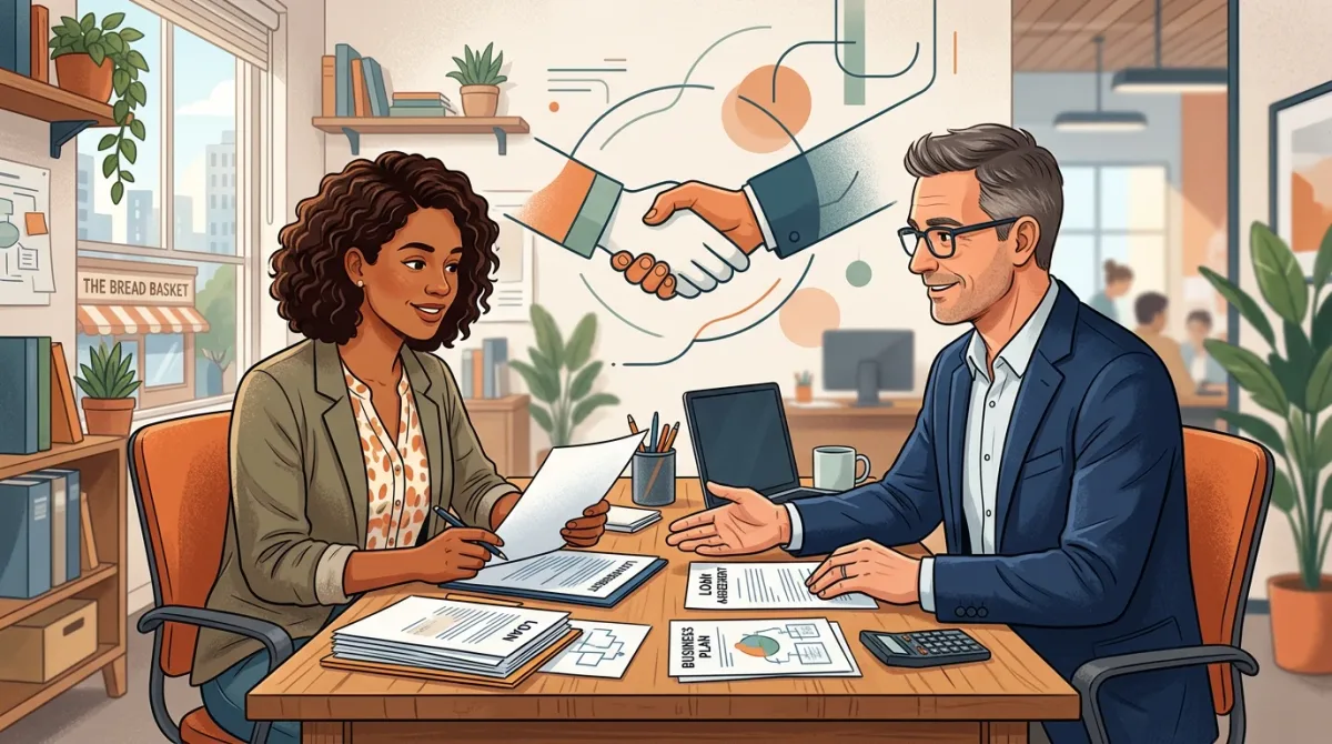 A small-business owner and a banker reviewing loan paperwork across a desk.
