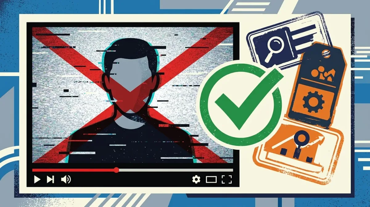 A verification-desk explainer: a stylized video-ad frame with a glitching, faceless AI-generated silhouette crossed out in red, paired with a green checkmark and le.