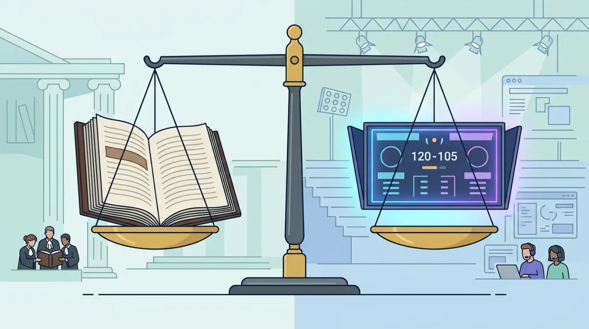 A courthouse-style ledger/rulebook on one side and a lit esports arena scoreboard on the other, connected by a single balanced scale, in the site's plain e.
