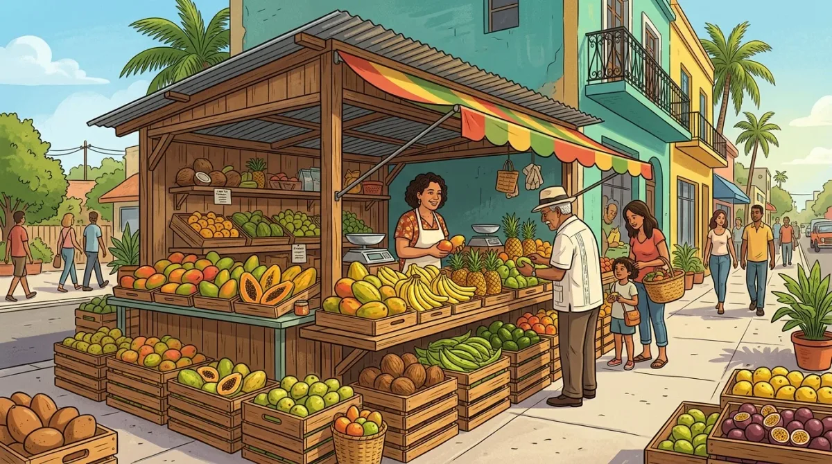 An open-air Little Havana fruit stand under a simple roof, crates of mangoes and mameys stacked along the sidewalk, a Cuban flag and a small pig in the background, re.