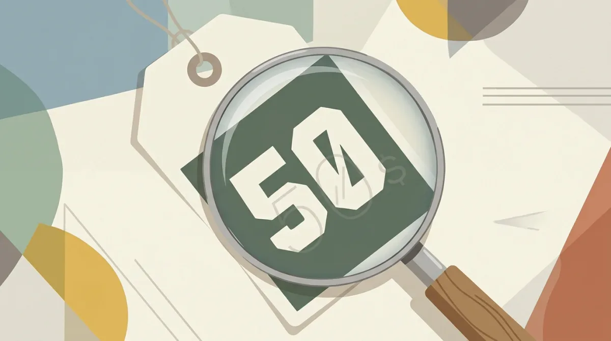A price tag under a magnifying glass, with a faint ghosted "previous price" number showing through behind the bold discount figure.