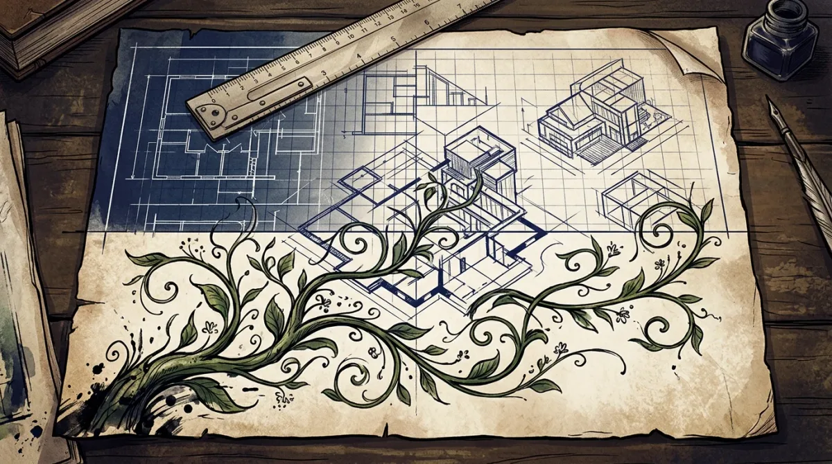 Architectural blueprint lines and a drafting ruler on one half, a hand-inked vine growing across the page on the other, the two meeting at a single typed manuscri.