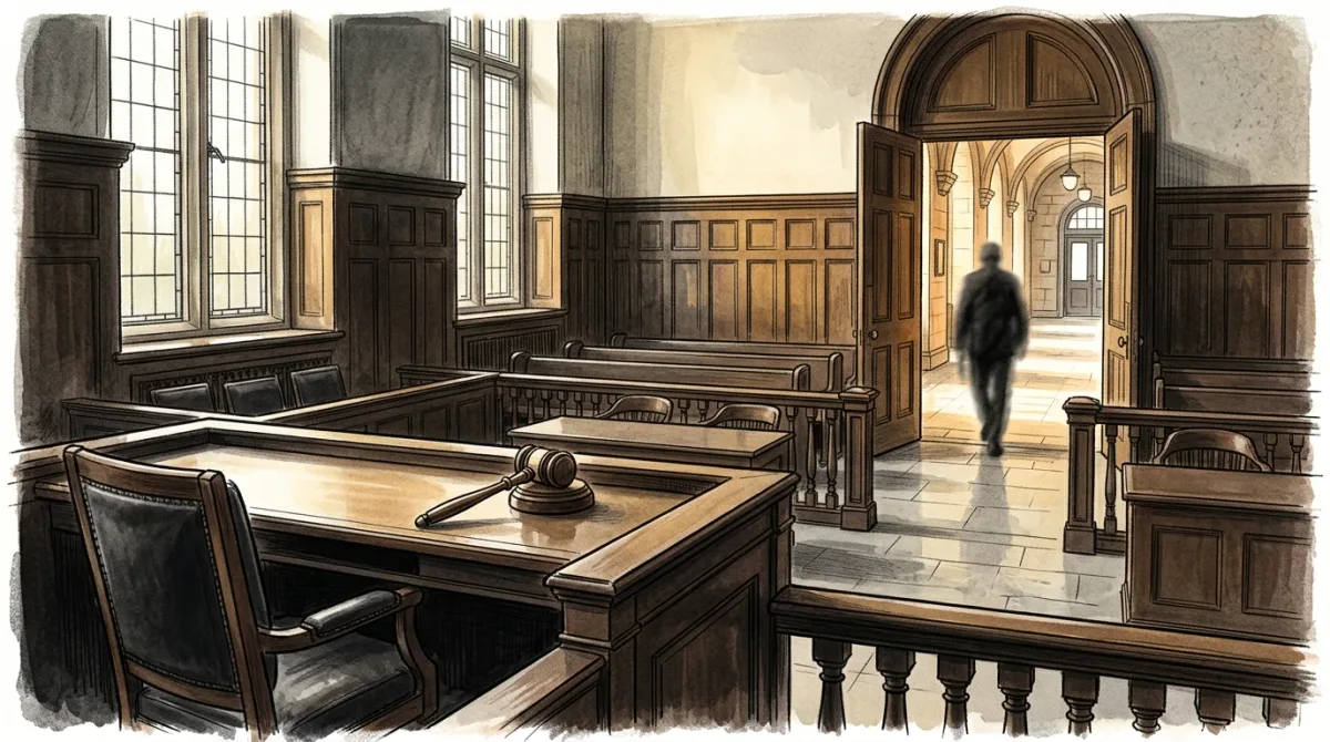 An empty courtroom bench and gavel in early morning light, with a lone blurred figure walking through a courthouse hallway in the background.