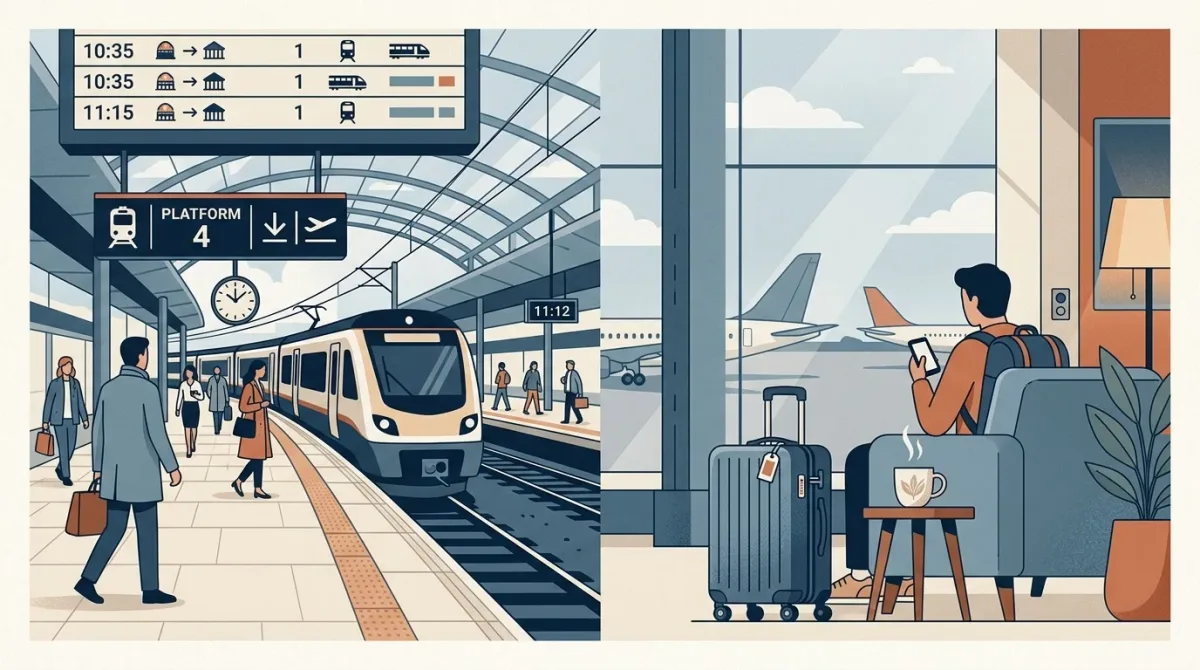 Down the middle: on one side a departure board and a train platform sign pointing toward Amsterdam Centraal, on the other a cozy pre-security terminal nook.