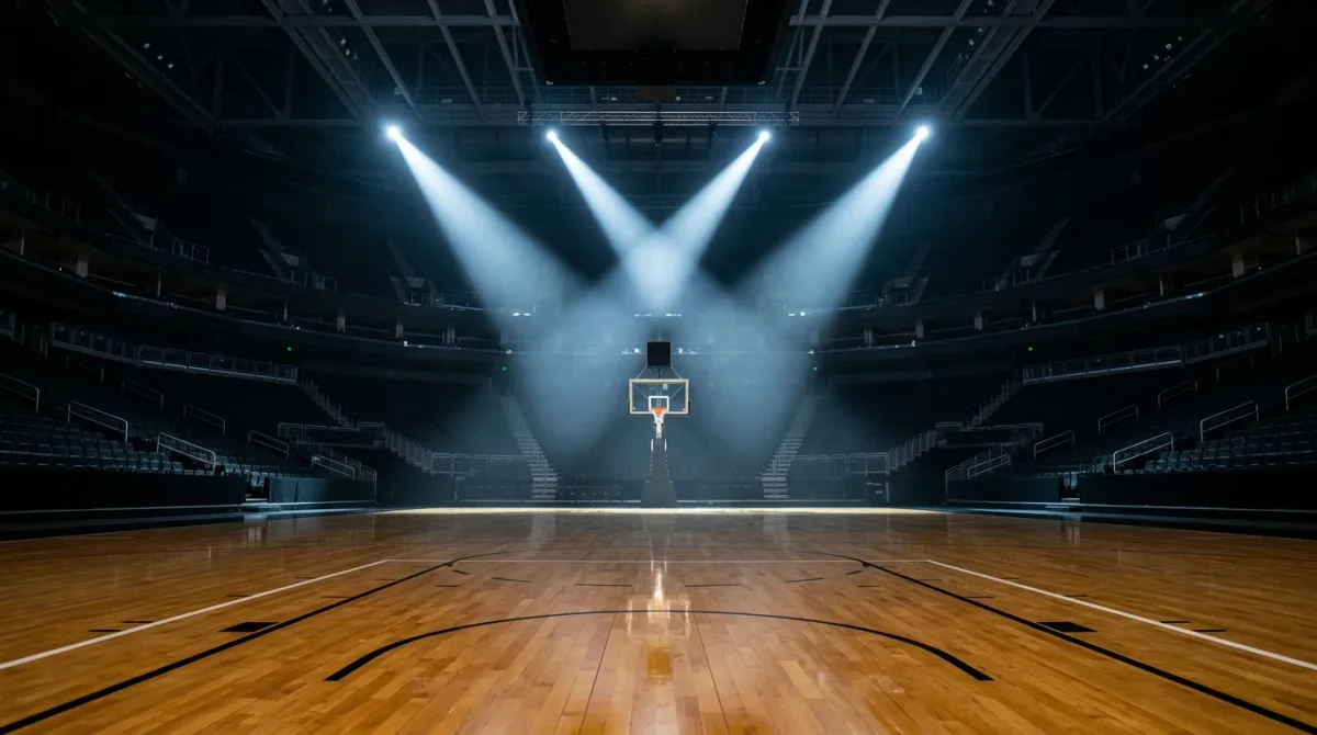 Three distinct broadcast light beams (in muted network-adjacent tones) converging on a single basketball hoop from different angles, evoking three companies splitting.