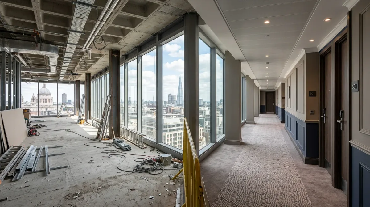 An office tower mid-transformation, one half rendered as anonymous glass-and-column office floors and the other half as a lit hotel corridor with guest room doors, rendere.
