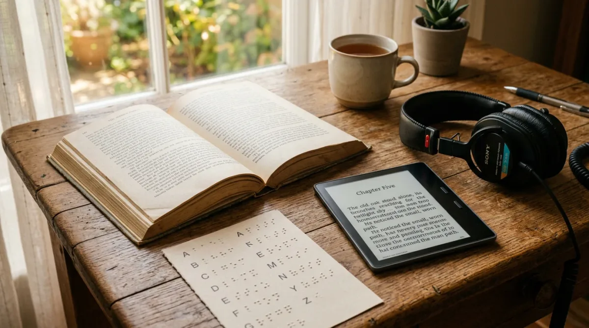 An open ebook page where the text dissolves into small accessibility icons (an ear, an eye, a braille dot pattern, a screen-reader cursor) flowing outward like readable li.