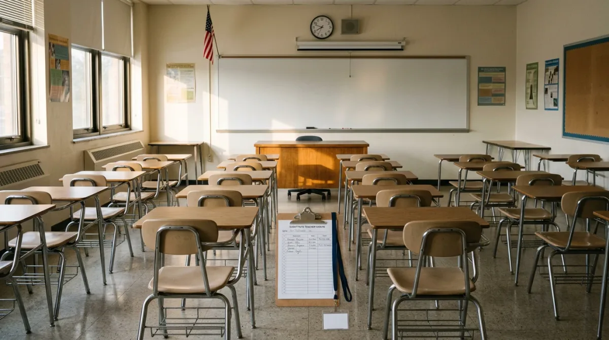 A U.S. map with two contrasting states highlighted (one denser, one lighter) alongside a stylized teacher's desk and a substitute sign-in clipboard, in a clean, muted-pale.
