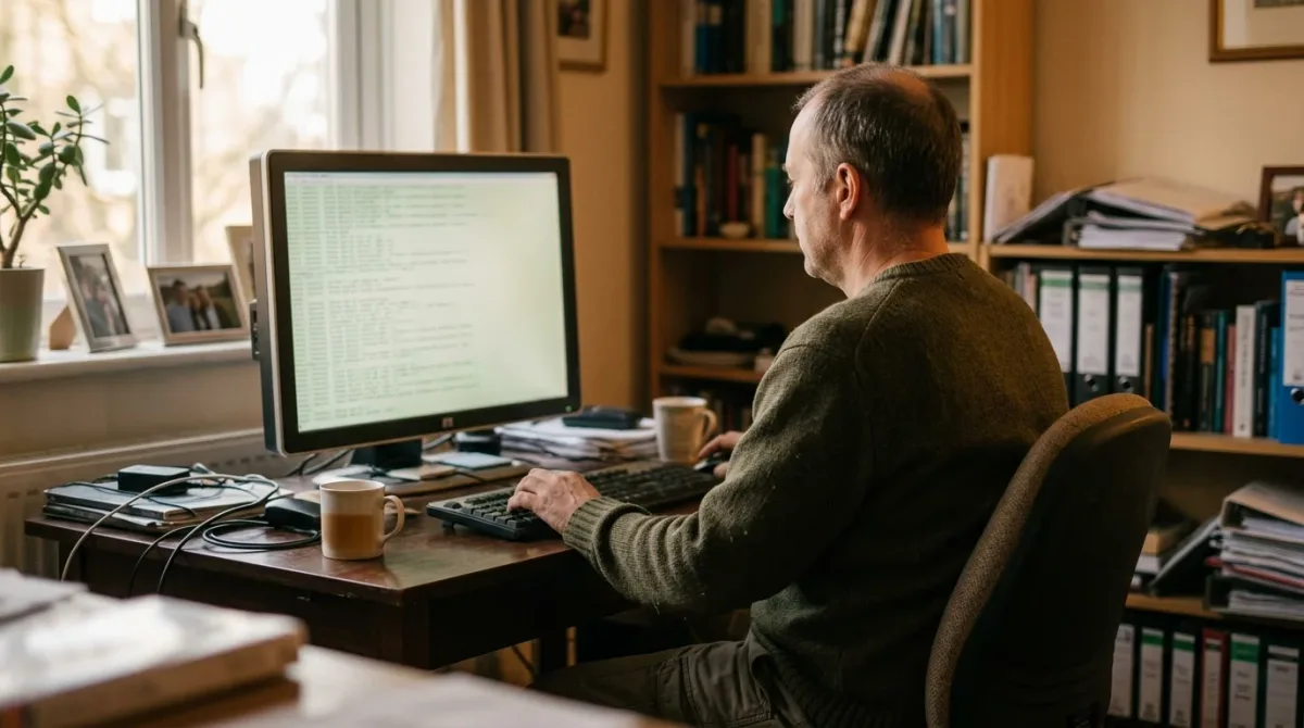 A man at a home desk facing a computer screen filled with softly glowing decoded text, a subtle suggestion of fine wire-like neural traces at the back of his head re.