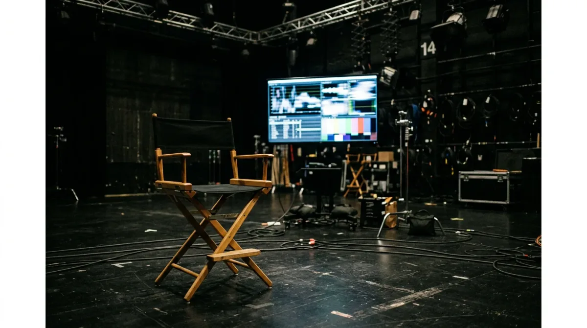 An empty director's chair at the center of a darkened television studio, a large glowing monitor behind it.