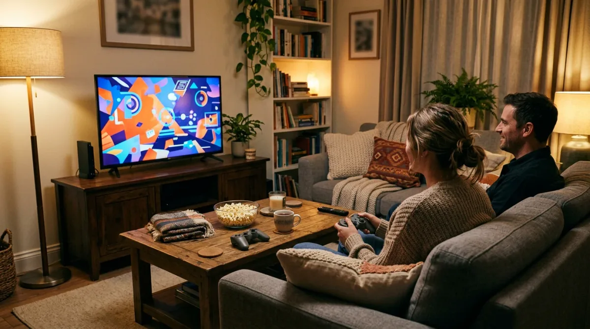 A family living room game night, with an oversized, clearly legible ESRB-style rating badge and a magnifying glass hovering over small-print content descriptor.