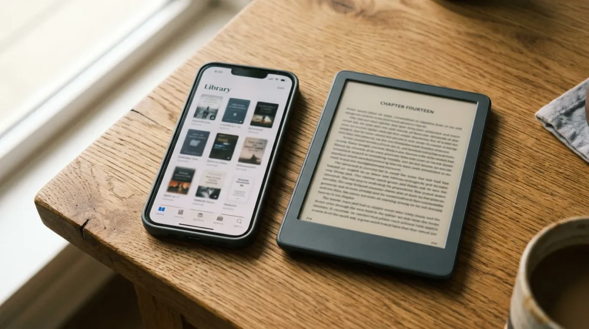 A single ebook icon traveling along a dotted handoff path from a library-app phone screen to a Kindle e-reader, rendered in Inkless Books' clean, muted-paper color pa.