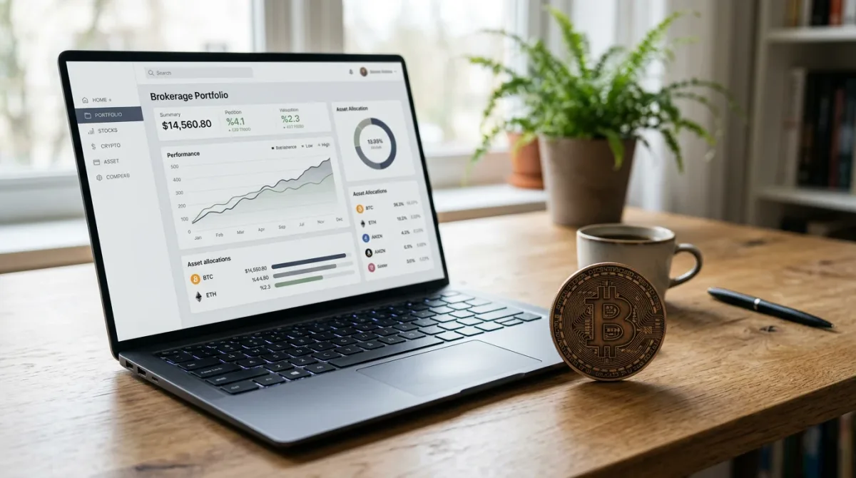 A stylized bitcoin coin sitting behind a simplified brokerage-app window on a screen, suggesting exposure without direct custody, in a calm, muted, non-hype financial.