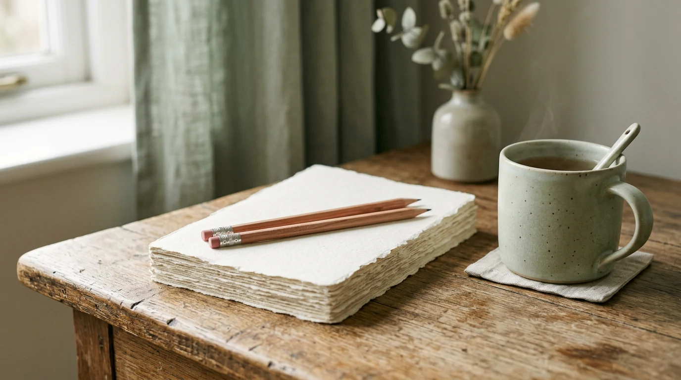 Handwritten pages stacked on a wooden desk beside pencils