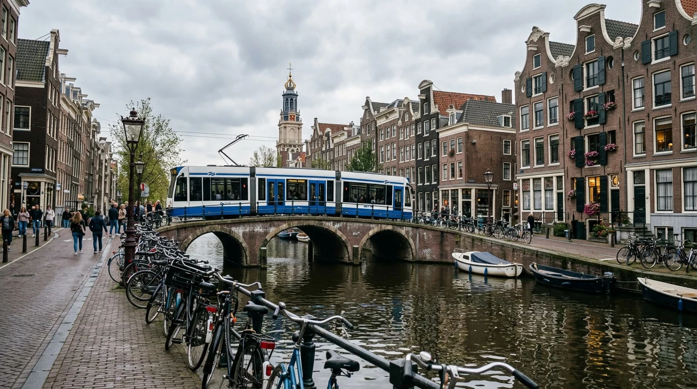 Central Amsterdam showing canal rings, a tram line, a metro symbol, and a ferry crossing the IJ toward Amsterdam Noord, in a muted, concierge-guide color p.