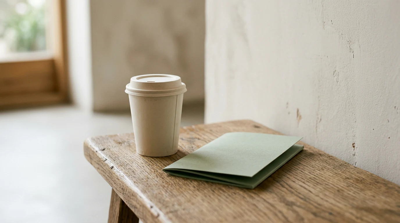 Museum gallery guide booklet beside coffee on bench