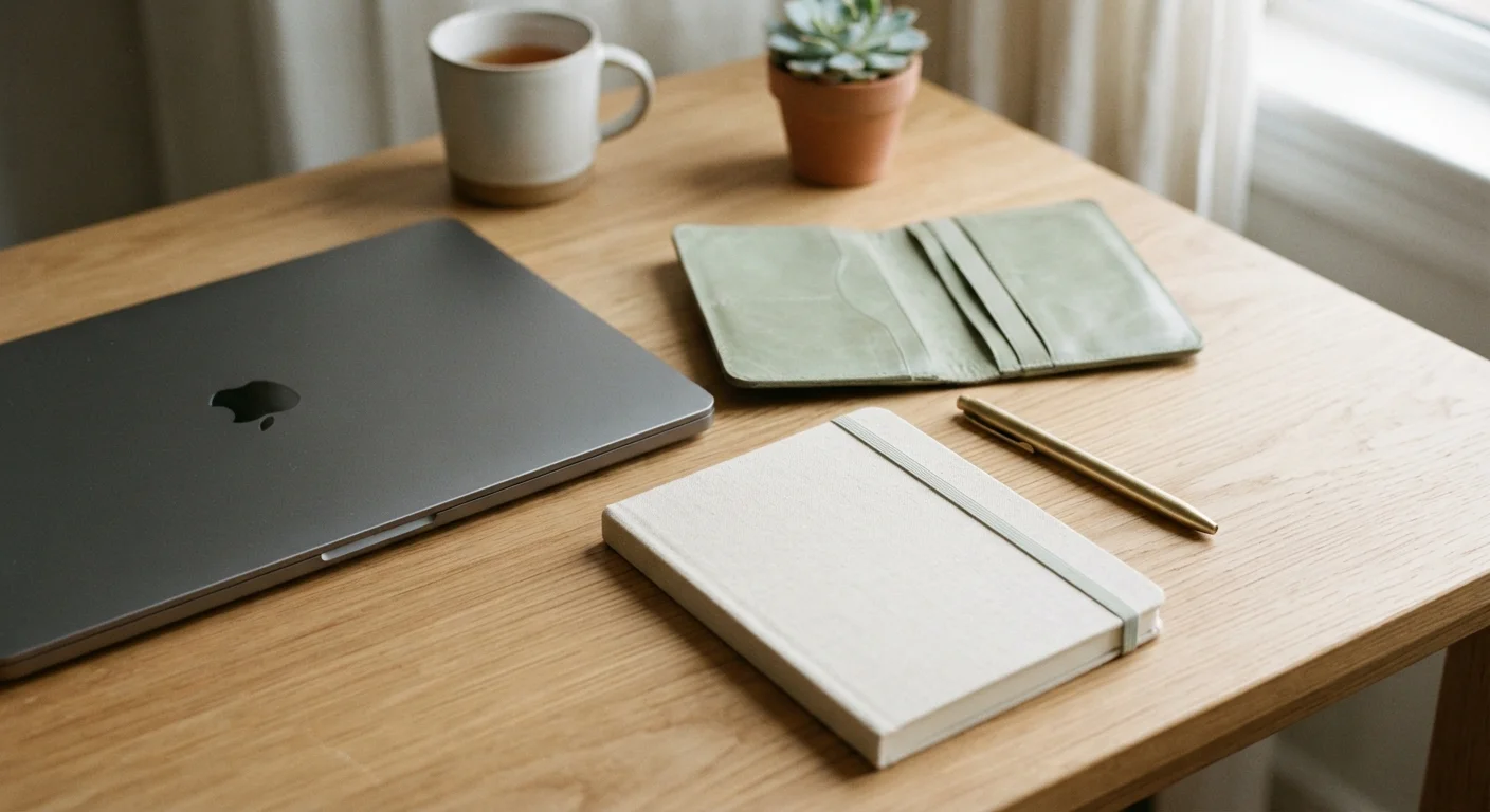 Closed laptop, travel wallet, and tape measure on a desk planner