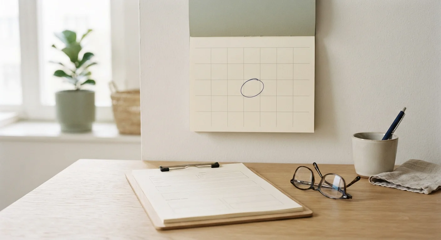 Wall calendar, blank enrollment forms, and reading glasses on a desk