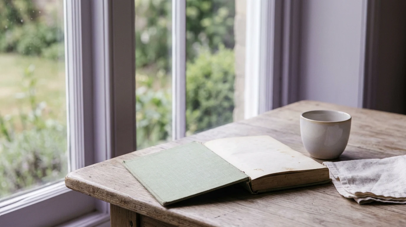 Open old book beside a dim window with muted light