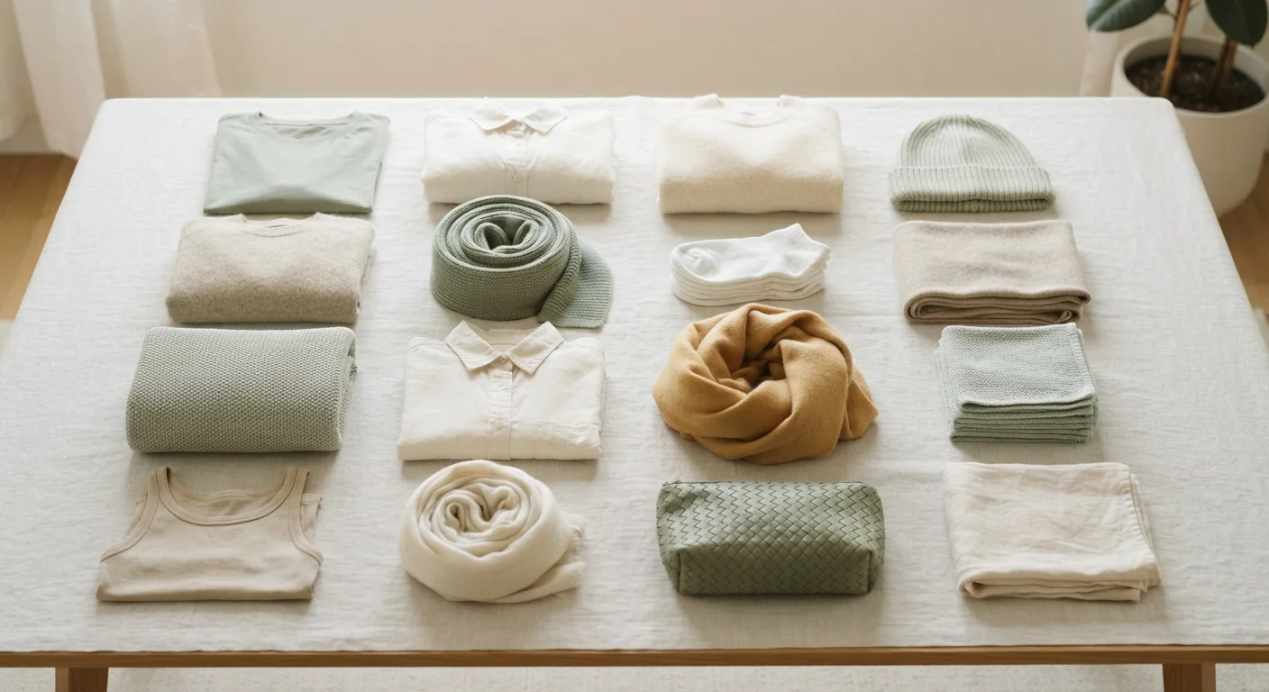 Folded neutral garments arranged in a tidy grid