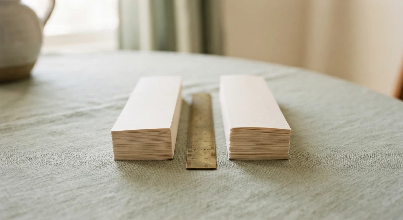 Two trays of folded paper data strips divided by a brass ruler