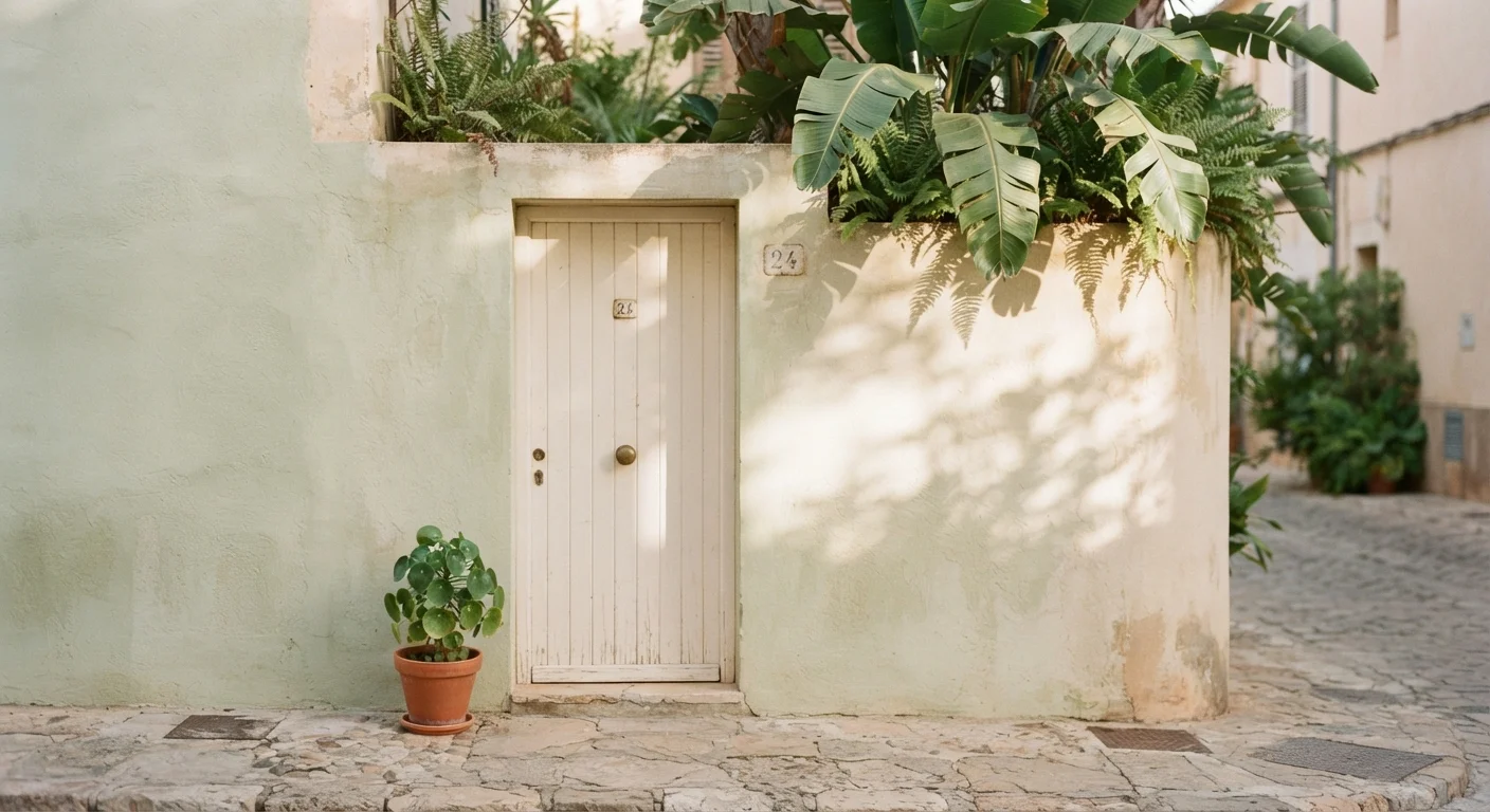 Sun-washed pastel storefront with tropical foliage shadows