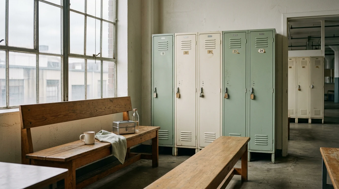 Empty factory break room with lockers and benches, overcast light