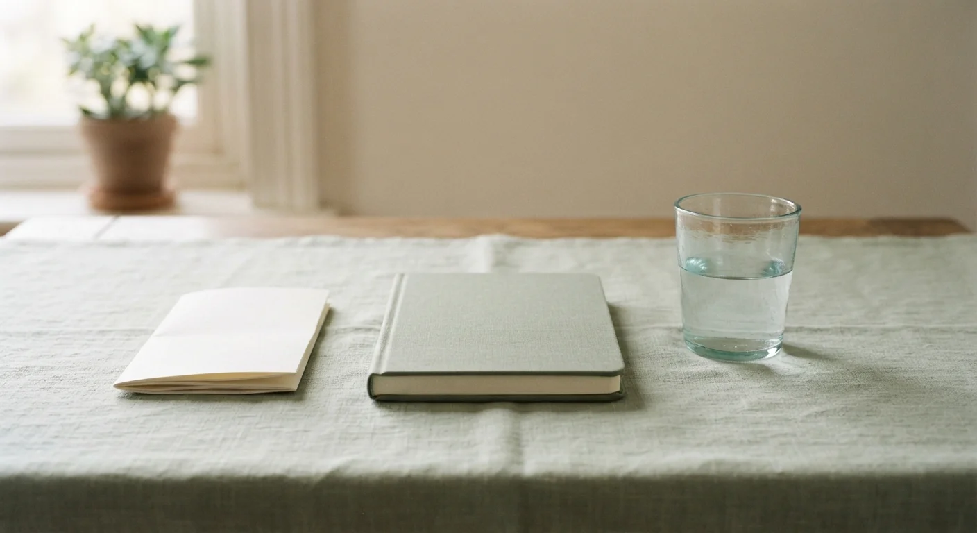 Plain notebook, water glass, and folded paper on desk in soft daylight