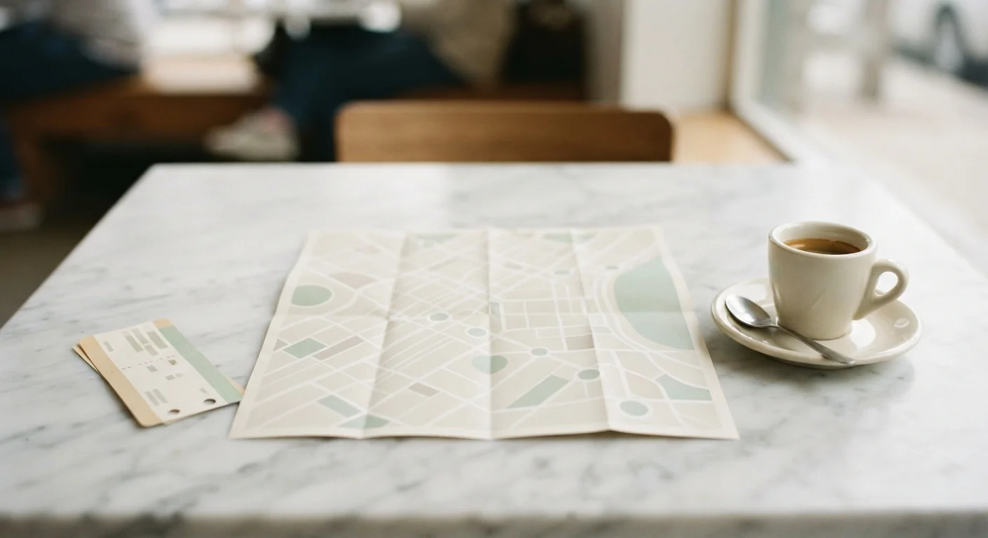 City map and folded transit plan on a café table