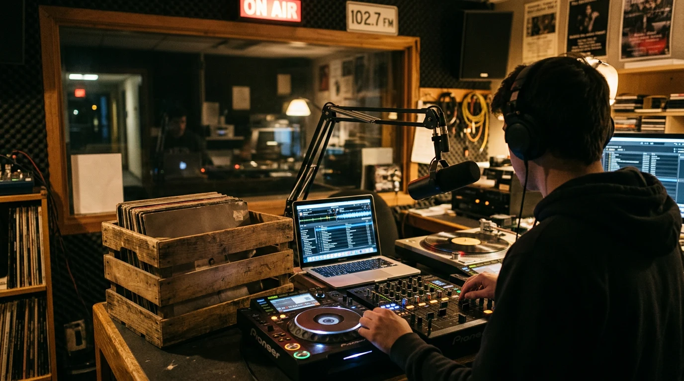 A college radio station's on-air studio at night, seen from behind a DJ's shoulder toward a crate of vinyl and a glowing laptop playlist screen — the quiet, unglamoro.